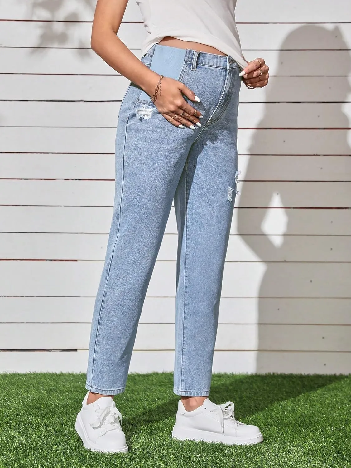 Women's Maternity Casual High Waist Zipper Ripped Jeans Pants Trousers Mom Fit Denim Pants