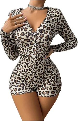 Women's One Piece Leopard Romper Button Down V Neck Long Sleeve Short Jumpsuit Shapewear Tops