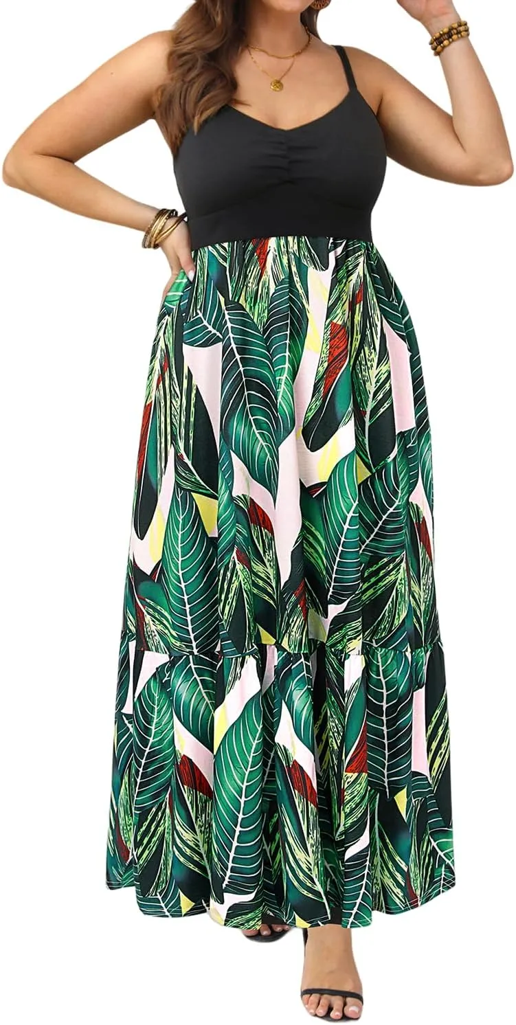 Women's Plus Size Summer Maxi Sun Dress Spaghetti Strap Ruched Bust Long Casual Sundress with Pockets