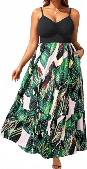 Women's Plus Size Summer Maxi Sun Dress Spaghetti Strap Ruched Bust Long Casual Sundress with Pockets