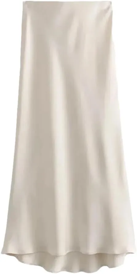 Women's Satin Long Skirts Women Summer High Waist Straight Midi Skirt