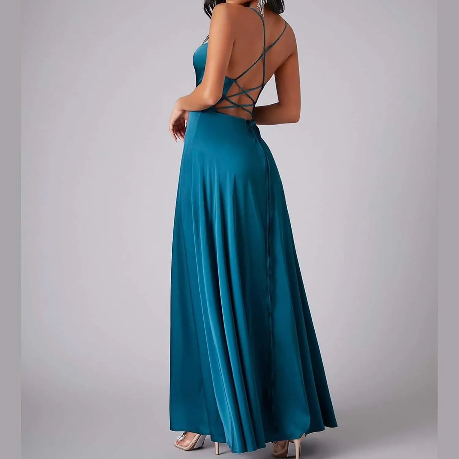 Women's Sexy Spaghetti Strap Dresses Prom Party Backless Sleeveless High Slit Maxi Dress Bodycon Cocktail Evening Gown Dress