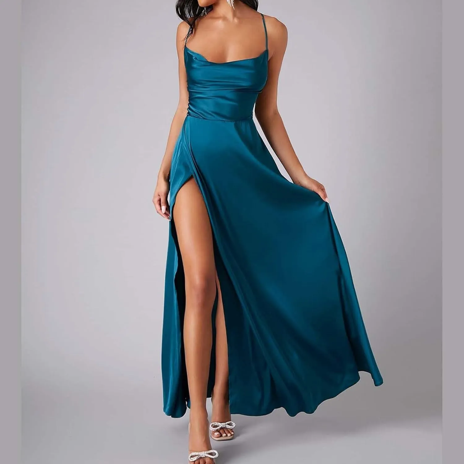 Women's Sexy Spaghetti Strap Dresses Prom Party Backless Sleeveless High Slit Maxi Dress Bodycon Cocktail Evening Gown Dress