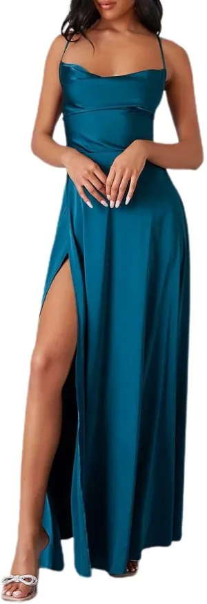 Women's Sexy Spaghetti Strap Dresses Prom Party Backless Sleeveless High Slit Maxi Dress Bodycon Cocktail Evening Gown Dress