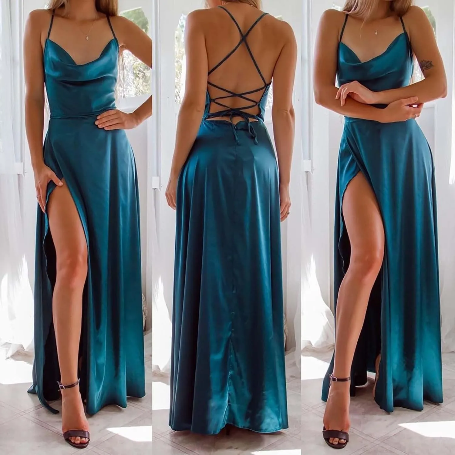 Women's Sexy Spaghetti Strap Dresses Prom Party Backless Sleeveless High Slit Maxi Dress Bodycon Cocktail Evening Gown Dress