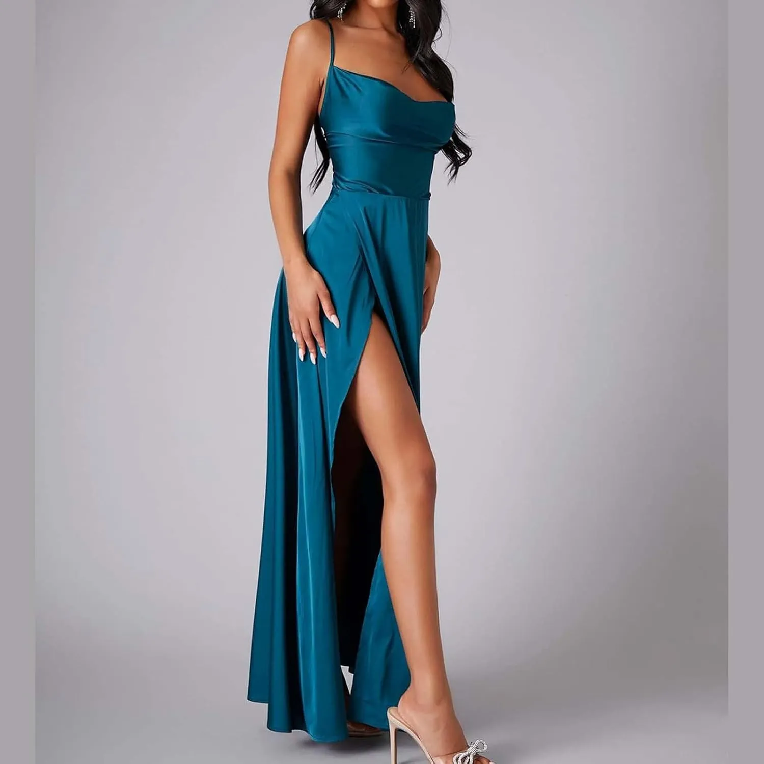 Women's Sexy Spaghetti Strap Dresses Prom Party Backless Sleeveless High Slit Maxi Dress Bodycon Cocktail Evening Gown Dress