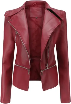 Women's Short Moto Biker Zipper Jacket Asymmetric Winter Coat Faux Leather Jacket