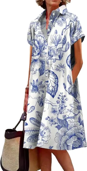 Women's Spring Summer Button-Down Floral Print Shirt Dress Loose A-Line Midi Shift Tunic Dresses Casual Boho Dress