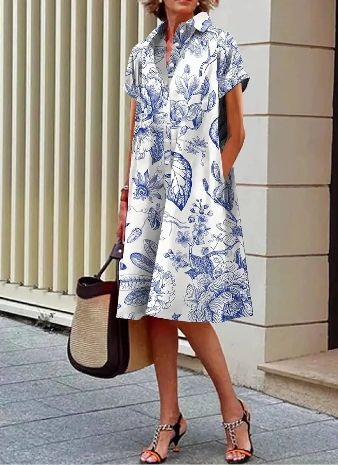 Women's Spring Summer Button-Down Floral Print Shirt Dress Loose A-Line Midi Shift Tunic Dresses Casual Boho Dress