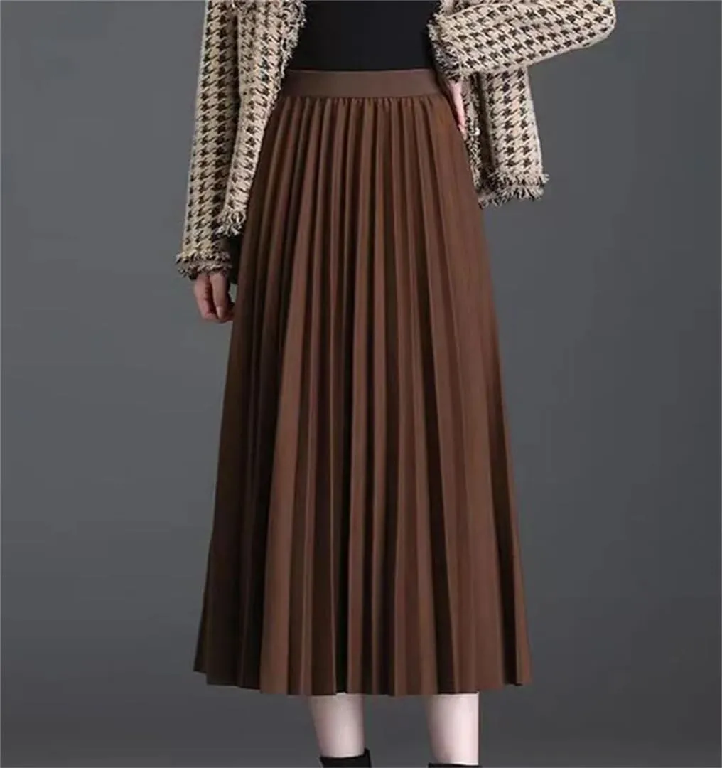 Women's Spring Woolen Pleated Skirt High Waist Thin Light Mature Accordion Skirt Bohemian Long Skirt