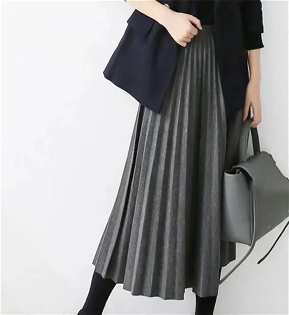 Women's Spring Woolen Pleated Skirt High Waist Thin Light Mature Accordion Skirt Bohemian Long Skirt