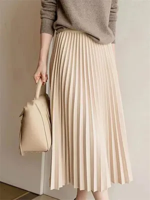Women's Spring Woolen Pleated Skirt High Waist Thin Light Mature Accordion Skirt Bohemian Long Skirt
