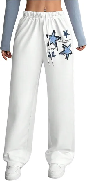 Women's Star Graphic Drawstring Waist Baggy Casual Long Pants Wide Leg Sweatpants
