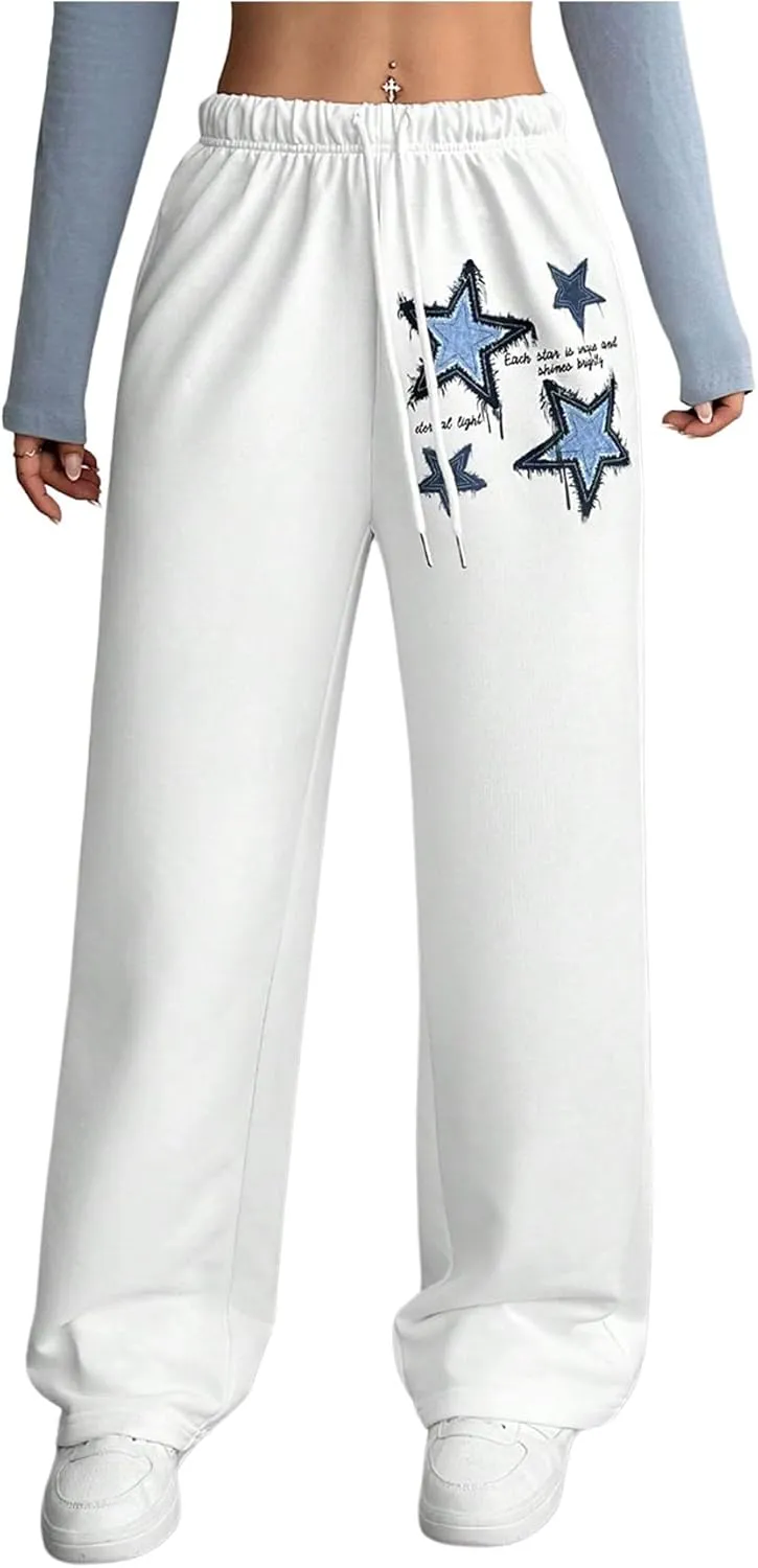 Women's Star Graphic Drawstring Waist Baggy Casual Long Pants Wide Leg Sweatpants