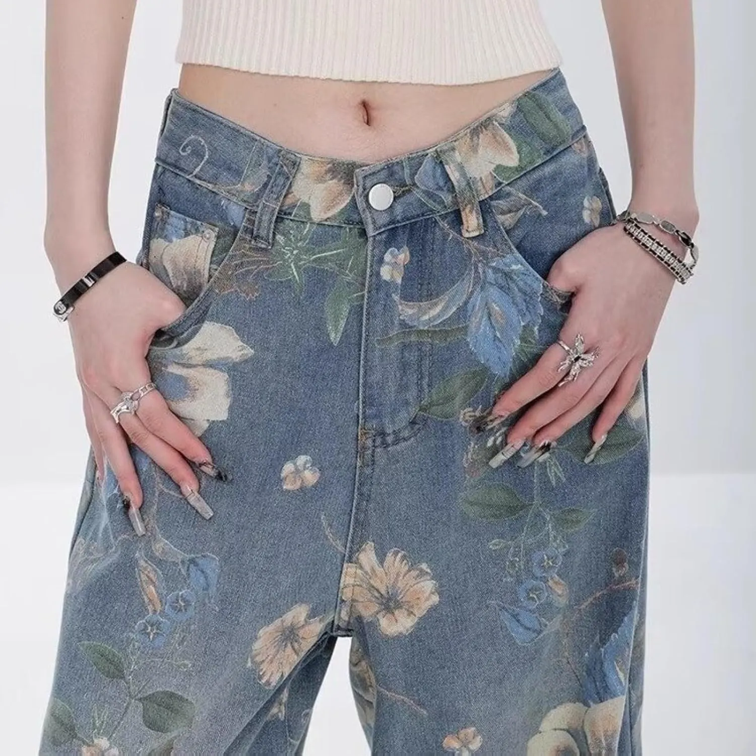 Women's Straight Leg Jeans Vintage Print Loose Fit Distressed Boyfriend Denim Pants for Teen Girls