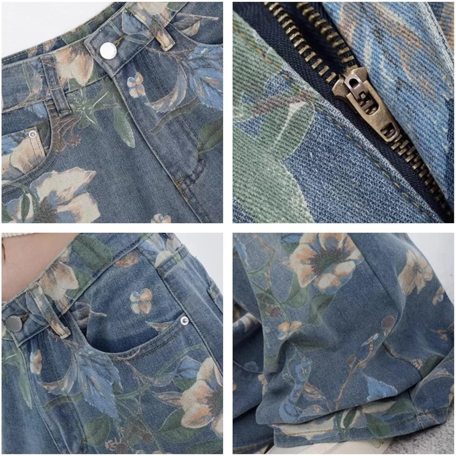 Women's Straight Leg Jeans Vintage Print Loose Fit Distressed Boyfriend Denim Pants for Teen Girls