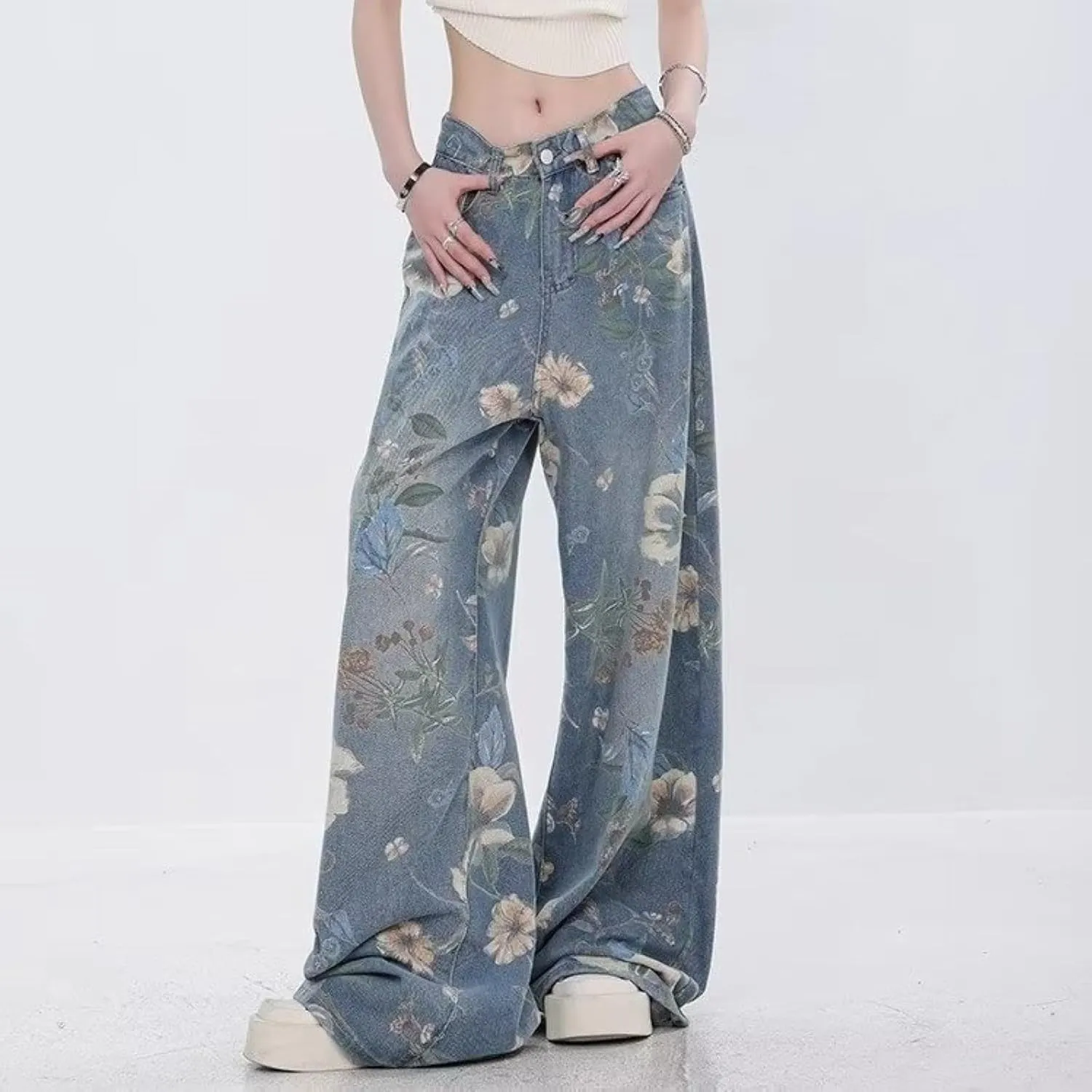 Women's Straight Leg Jeans Vintage Print Loose Fit Distressed Boyfriend Denim Pants for Teen Girls