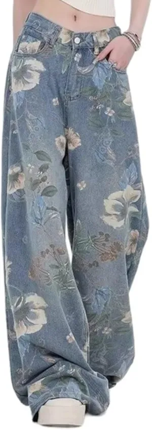 Women's Straight Leg Jeans Vintage Print Loose Fit Distressed Boyfriend Denim Pants for Teen Girls