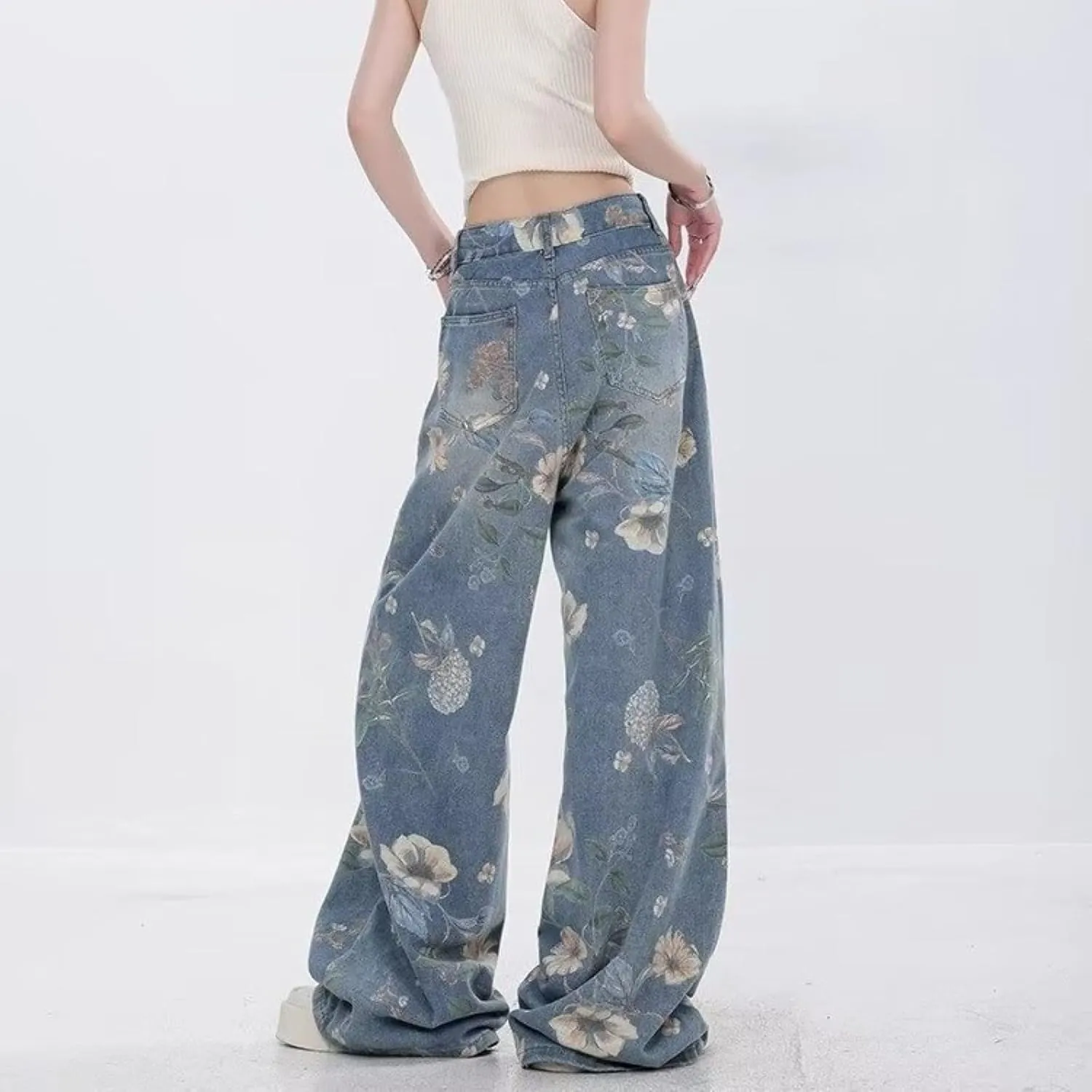 Women's Straight Leg Jeans Vintage Print Loose Fit Distressed Boyfriend Denim Pants for Teen Girls