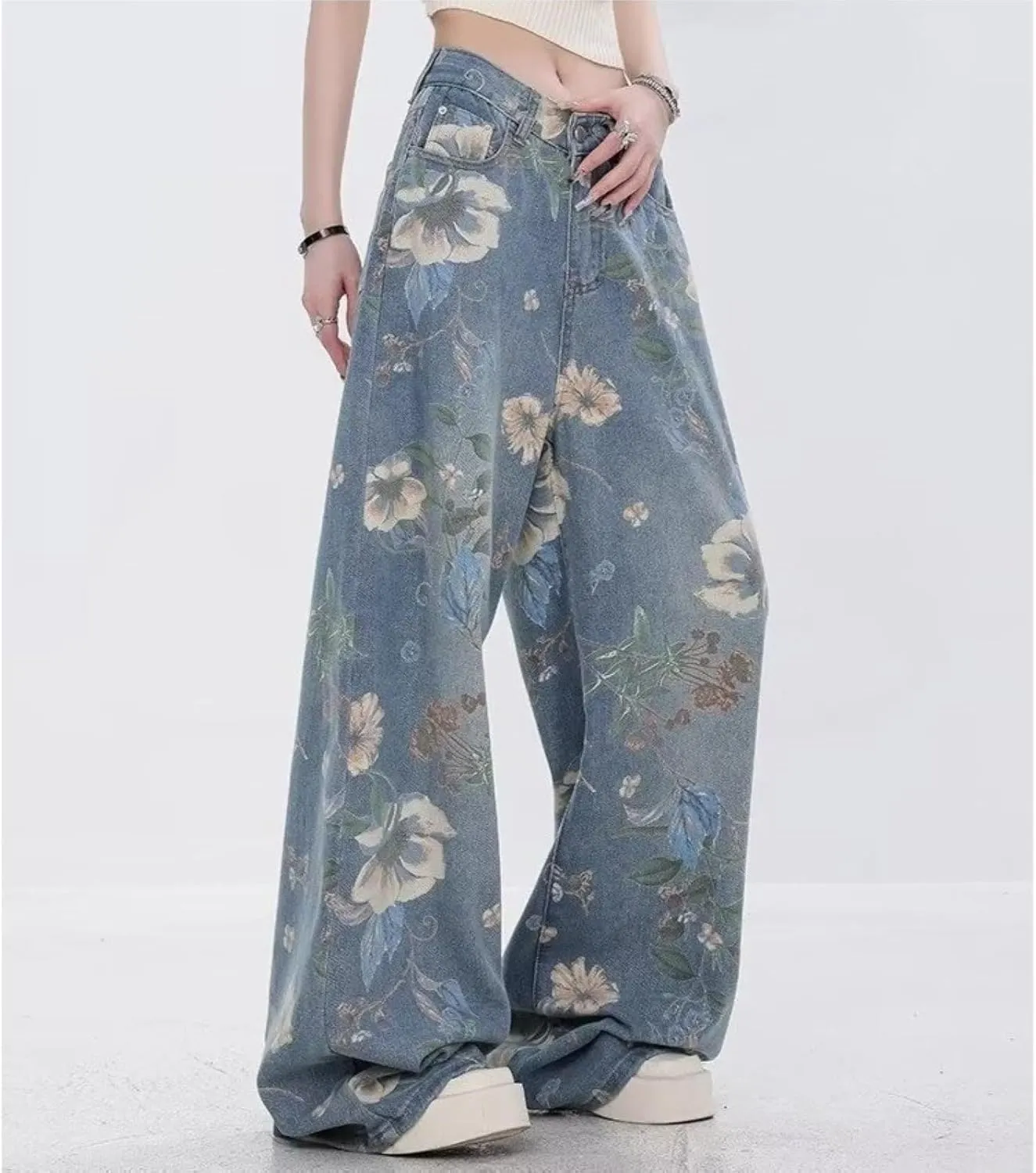 Women's Straight Leg Jeans Vintage Print Loose Fit Distressed Boyfriend Denim Pants for Teen Girls