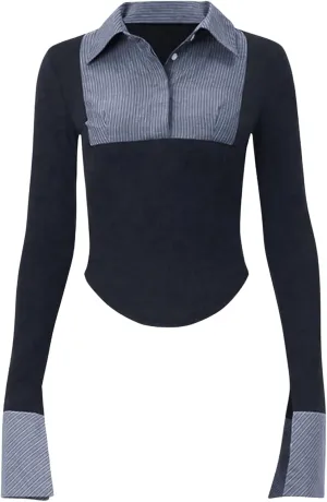 Women's Striped Button Front Collared Blouse Shirts Long Sleeve Slim Fit Asymmetrical Hem Work Tops