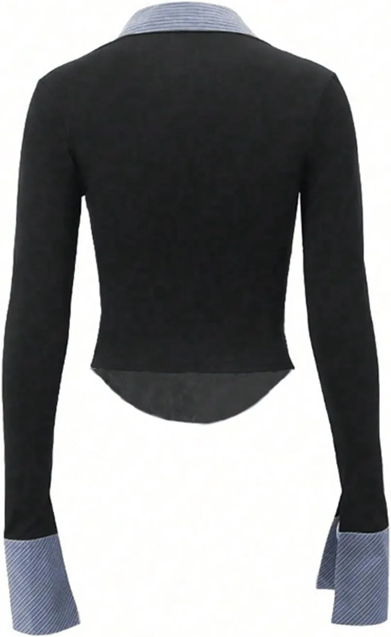 Women's Striped Button Front Collared Blouse Shirts Long Sleeve Slim Fit Asymmetrical Hem Work Tops