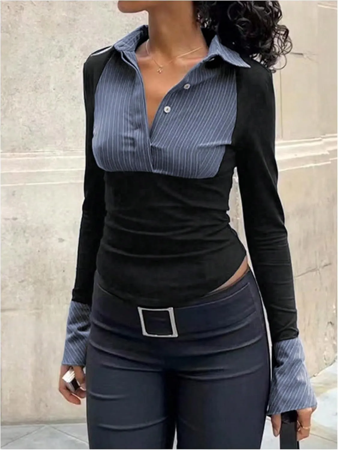 Women's Striped Button Front Collared Blouse Shirts Long Sleeve Slim Fit Asymmetrical Hem Work Tops