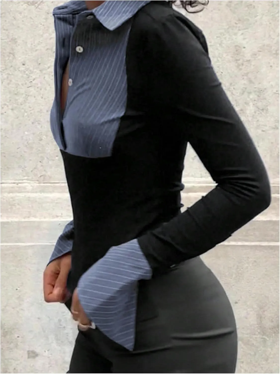 Women's Striped Button Front Collared Blouse Shirts Long Sleeve Slim Fit Asymmetrical Hem Work Tops