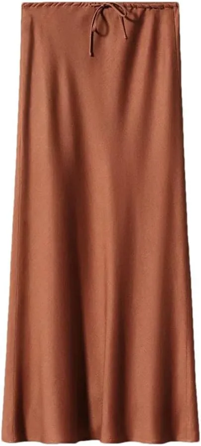 Women's Summer Solid Color Satin Long Skirt Women Elegant High Waist Skirts