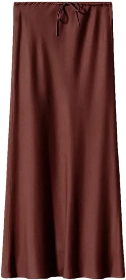 Women's Summer Solid Color Satin Long Skirt Women Elegant High Waist Skirts