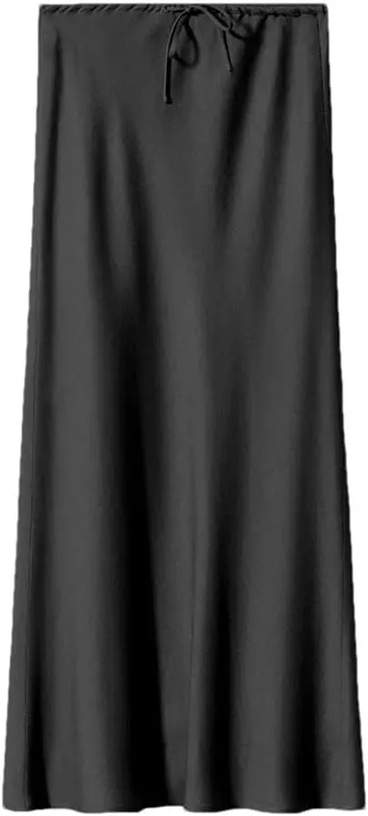 Women's Summer Solid Color Satin Long Skirt Women Elegant High Waist Skirts