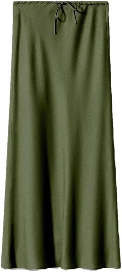 Women's Summer Solid Color Satin Long Skirt Women Elegant High Waist Skirts