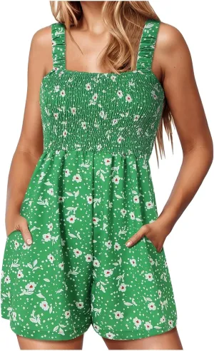 Women's Summer Square Neck Sleeveless Loose Shorts Casual Smocked Rompers Jumpsuit 2025 Beach Vacation Outfits
