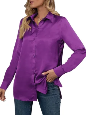 Womens Summer Work Blouse Women's Solid Color Button-Front Long Sleeve Casual Women Shirt Tops