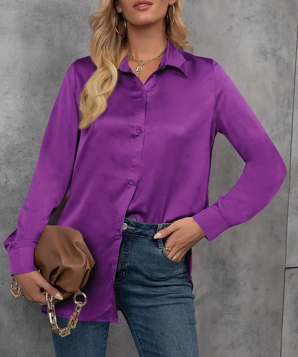 Womens Summer Work Blouse Women's Solid Color Button-Front Long Sleeve Casual Women Shirt Tops