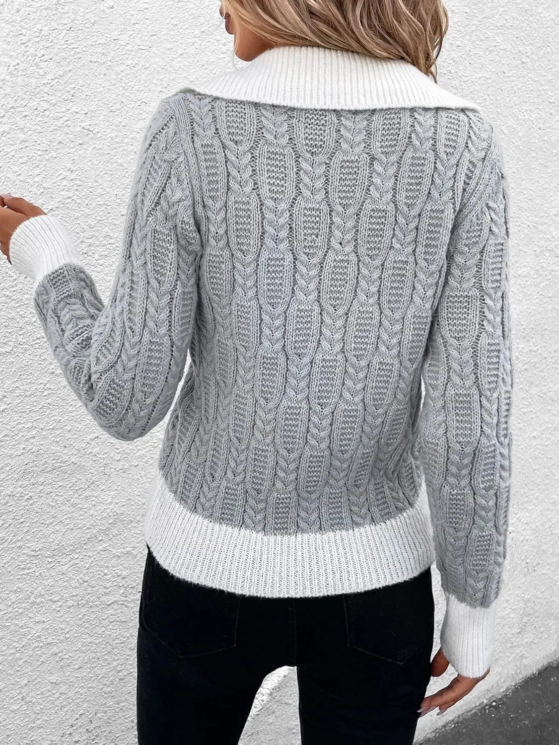 Women's Sweater Contrast Trim Cable Knit Sweater Sweater for Women (Color : Gray, Size : Small)