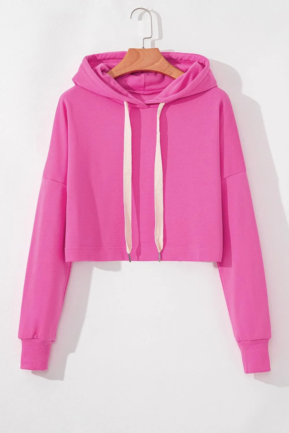 Womens Sweatshirts 2024 Long Sleeve Pullover Tops Dark Blue Solid Drop Shoulder Drawstring Cropped Hoodie
