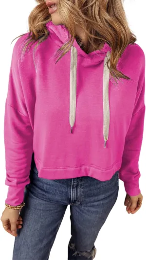 Womens Sweatshirts 2024 Long Sleeve Pullover Tops Dark Blue Solid Drop Shoulder Drawstring Cropped Hoodie