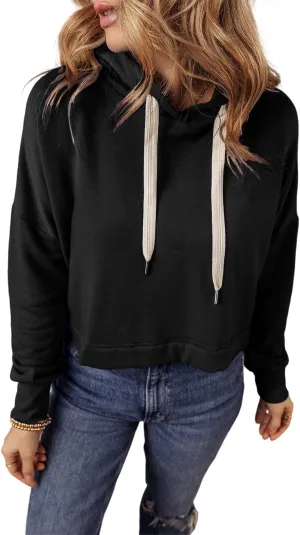 Womens Sweatshirts 2024 Long Sleeve Pullover Tops Dark Blue Solid Drop Shoulder Drawstring Cropped Hoodie