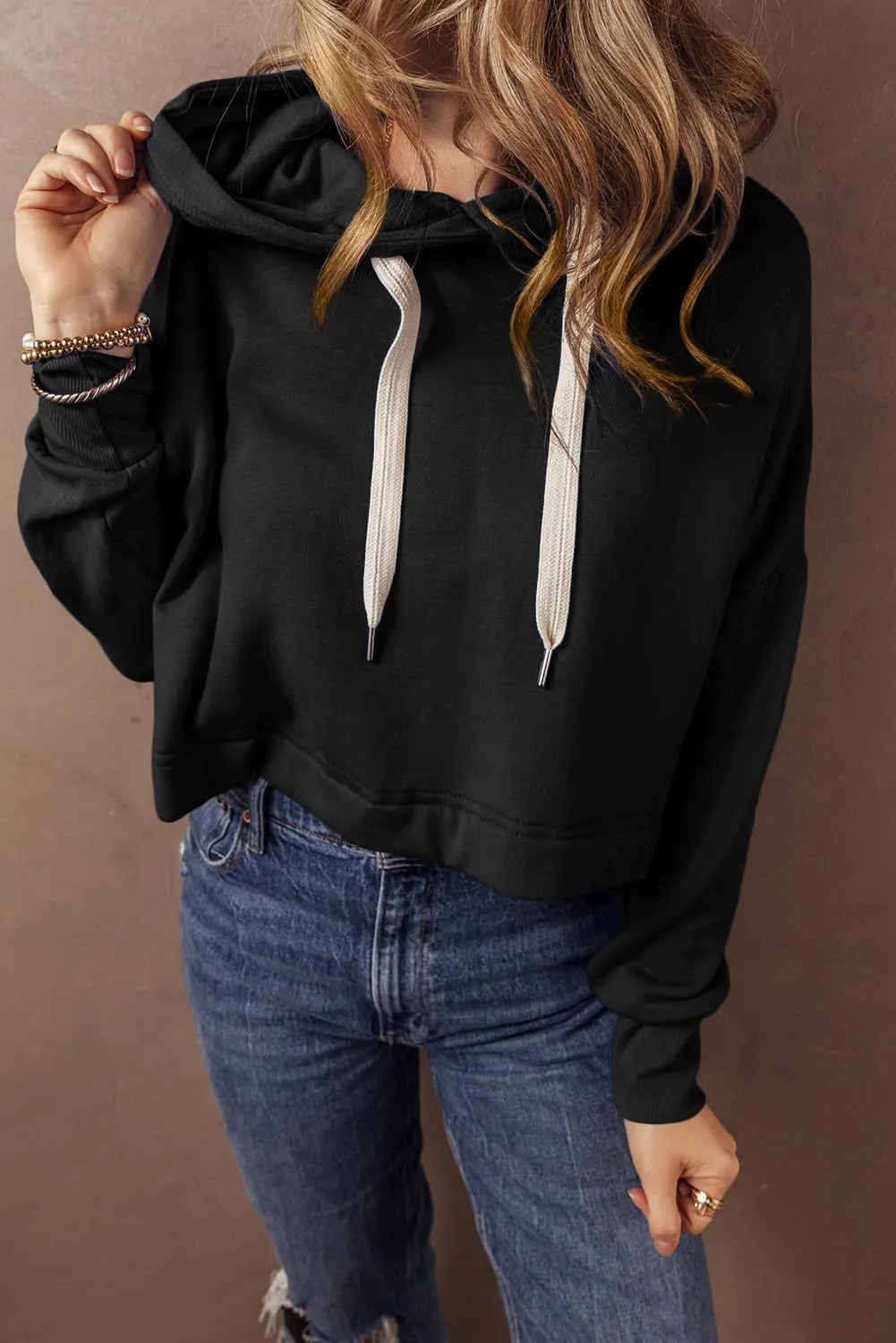 Womens Sweatshirts 2024 Long Sleeve Pullover Tops Dark Blue Solid Drop Shoulder Drawstring Cropped Hoodie