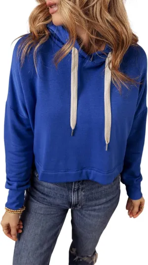 Womens Sweatshirts 2024 Long Sleeve Pullover Tops Dark Blue Solid Drop Shoulder Drawstring Cropped Hoodie