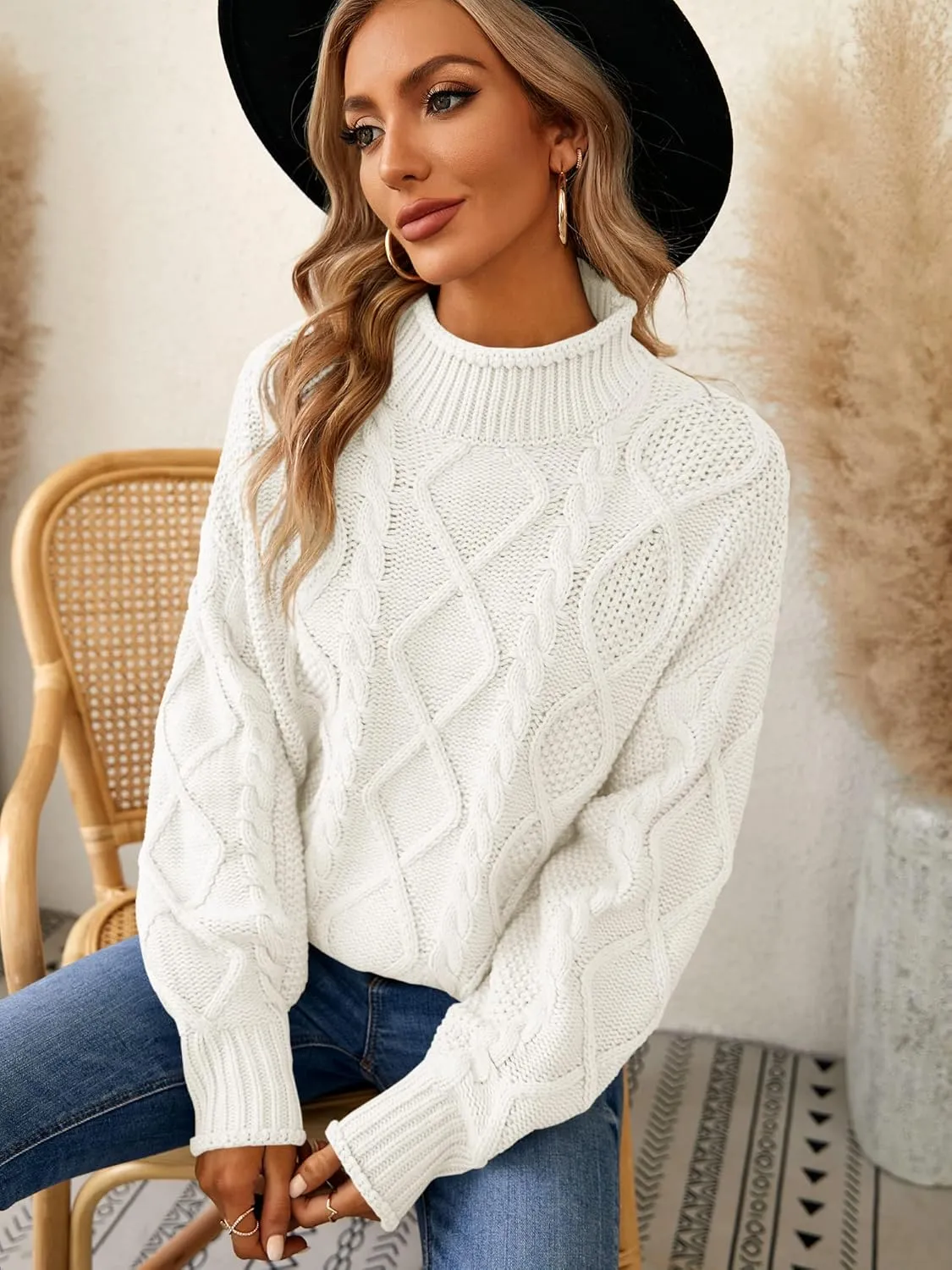 Womens Turtleneck Oversized Pullover Sweaters Cable Knit Batwing Long Sleeve Loose Fit Chunky Jumper Tops