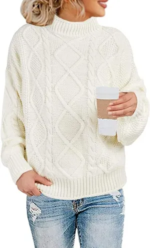 Womens Turtleneck Oversized Pullover Sweaters Cable Knit Batwing Long Sleeve Loose Fit Chunky Jumper Tops