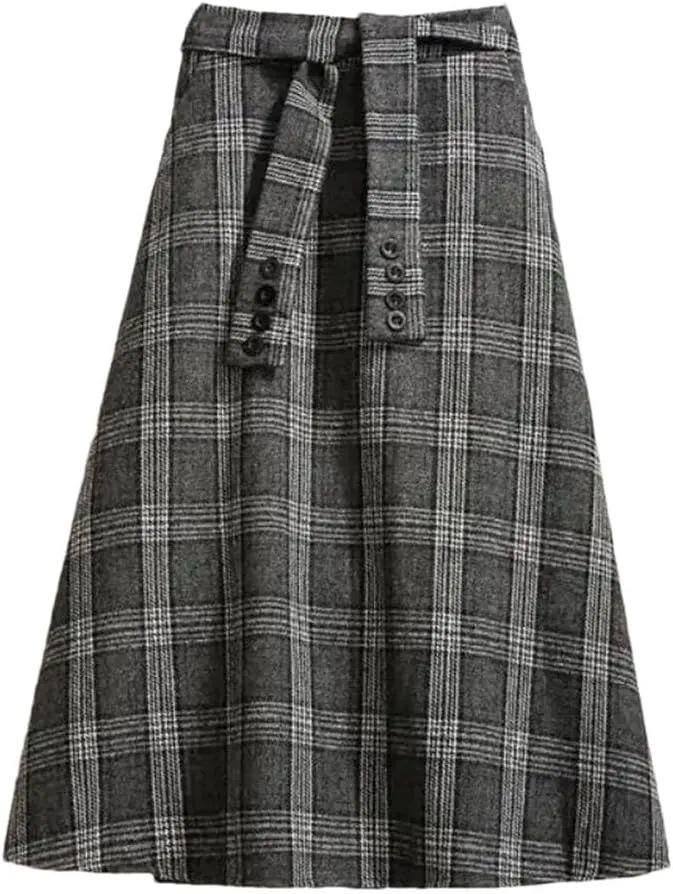 Women's Vintage A-Line High Waist Plaid Buttons Skirt Loose Long Skirts