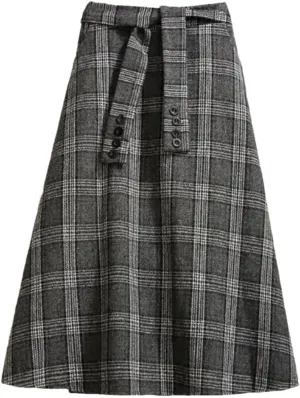 Women's Vintage A-Line High Waist Plaid Buttons Skirt Loose Long Skirts