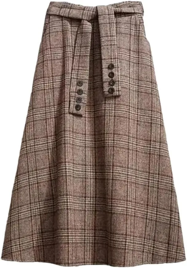 Women's Vintage A-Line High Waist Plaid Buttons Skirt Loose Long Skirts