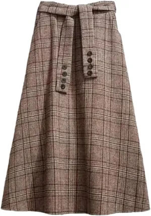 Women's Vintage A-Line High Waist Plaid Buttons Skirt Loose Long Skirts