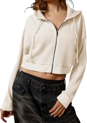 Womens Waffle Cropped Zip Up Hoodie Fashion Casual Jacket Y2K Clothes S-XL