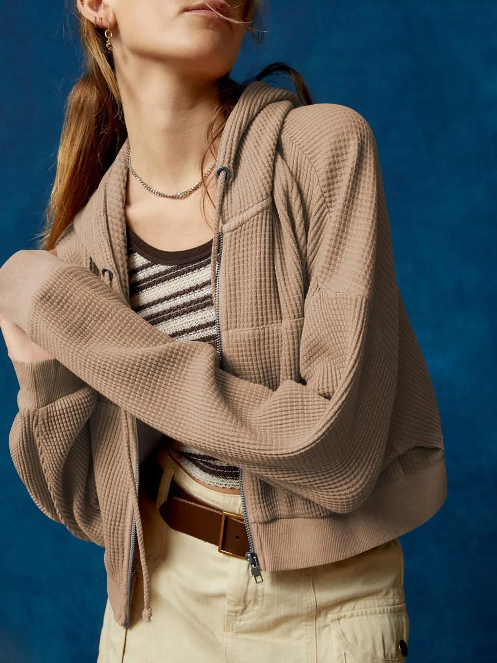 Womens Waffle Cropped Zip Up Hoodie Fashion Casual Jacket Y2K Clothes S-XL