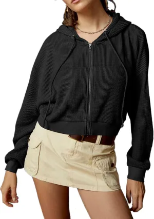 Womens Waffle Cropped Zip Up Hoodie Fashion Casual Jacket Y2K Clothes S-XL